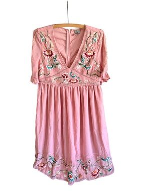 ASOS Pink Embroidered Floral Boho Babydoll Mini Dress US 6 Cottagecore